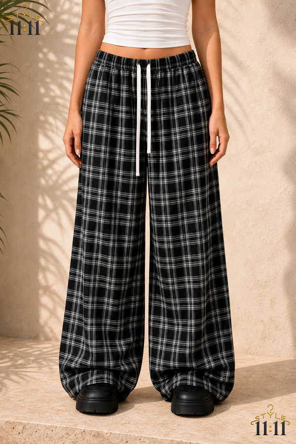 Pantalón Ancho a Cuadros 🏁 $20 | Cintura Alta con Cordón | Blanco y Negro