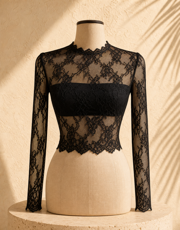 Blusa de Malla y Encaje 🕸️ $13 | Transparente Manga Larga | Negro Talla XS