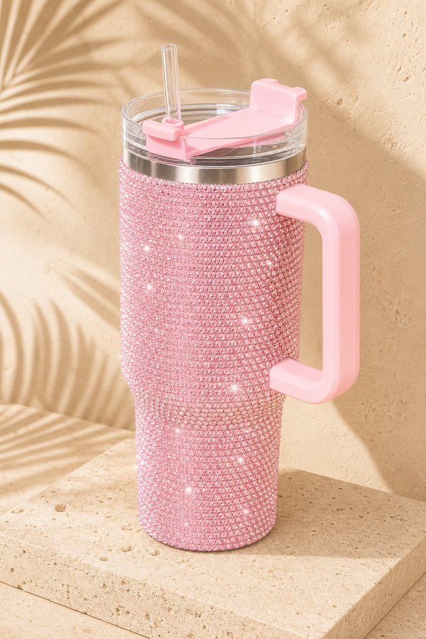 Vaso Térmico 40oz con Asa 💎 $10 | Diseño Diamante Rosa + Pajita