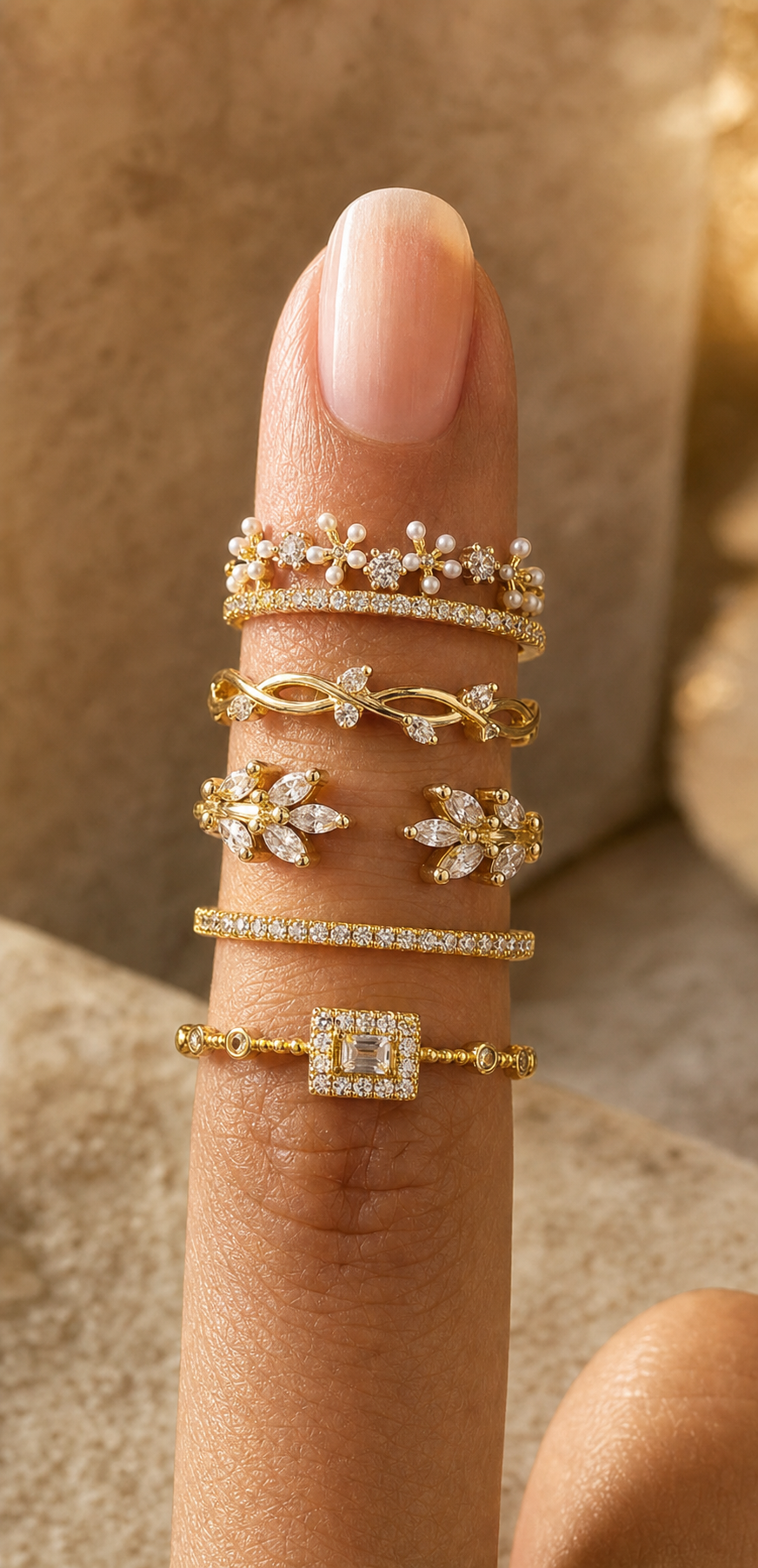 Set 5 Anillos con Zirconia 💍 ¡PROMO $8! | Florales y Geométricos | Dorado