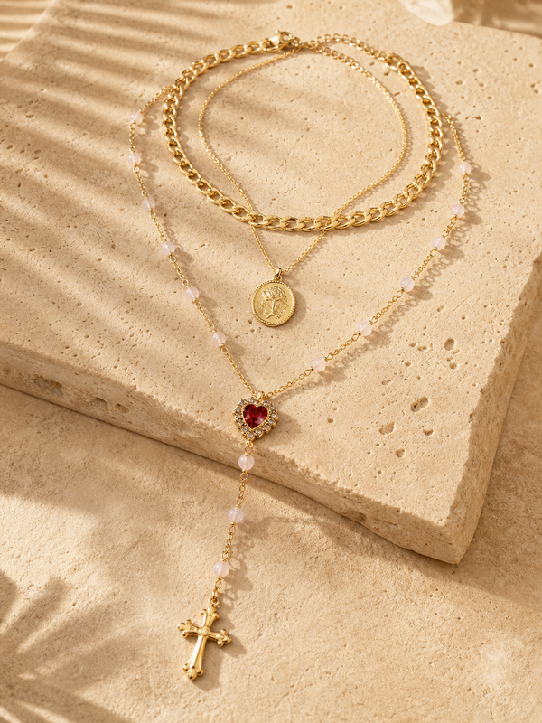 Collar Corazón y Cruz con Perlas 💛 $8 | En Capas Elegante | Dorado