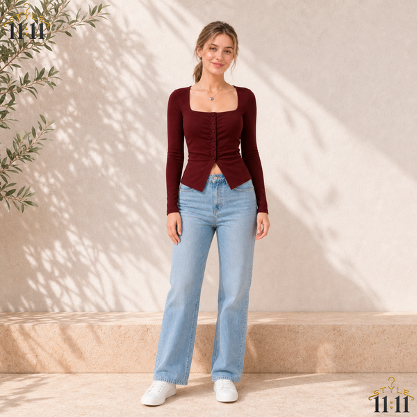 Blusa ChicEase Y2K 🍷 $18 | Cuello Cuadrado Minimalista | Burdeos Talla XS