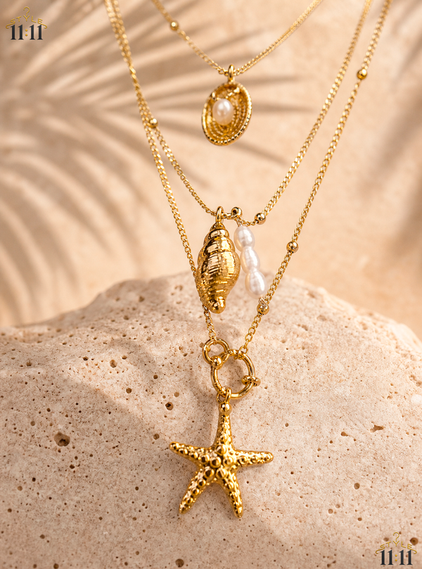 Collar Oceánico 3 en 1 🌊 $13 | Concha, Perla y Estrella | Baño de Oro 18k